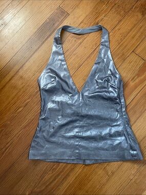 ZARA Medium,  Metallic Silver Halter V-Neck top